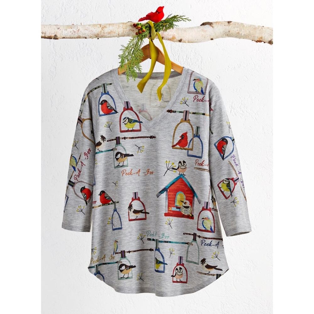 Blouse S small Gray multicolor Womens Top Bird Soft Knit 3/4 sleeve V neck USA